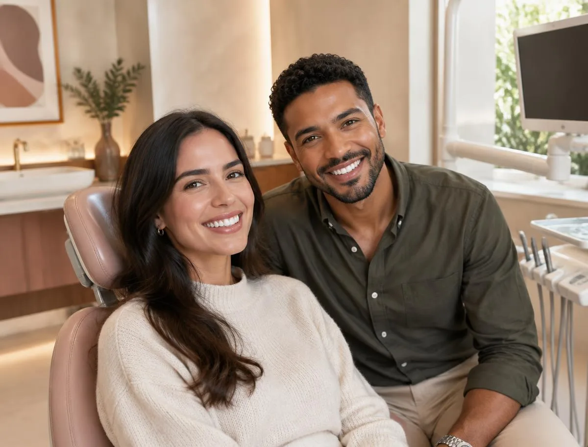Casal adulto sorrindo em consultório